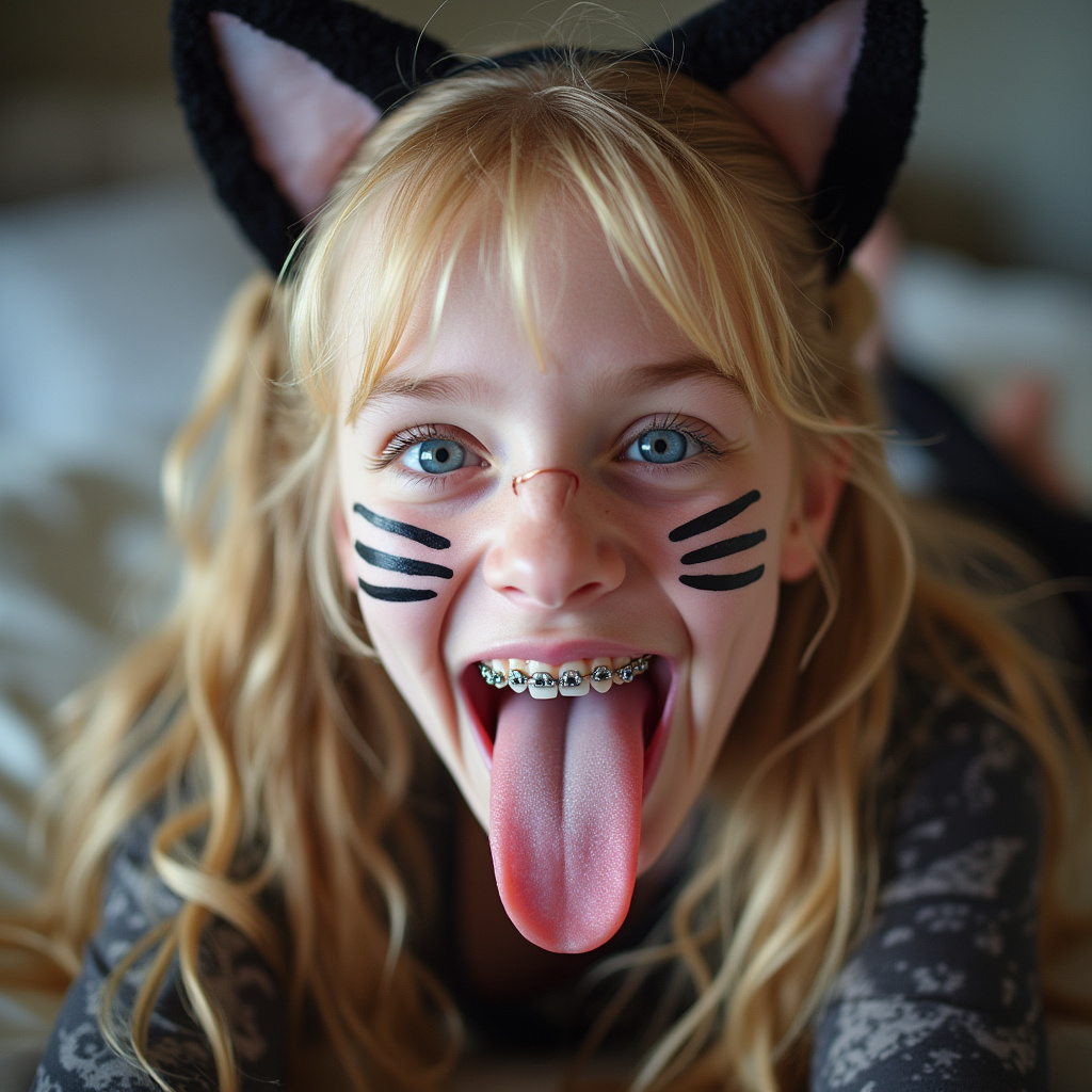 close up picture of an 18 year old girl opening her mouth, sticking out her long tongue, smiling, and blushing. She has braces on all of her teeth and blue eyes. She is laying on a bed and bending her head back. She has blonde hair with long pigtails. She has black whiskers painted on her face and is wearing cat ears for her cat Halloween costume. her really long tongue is wet with saliva and white condensed milk