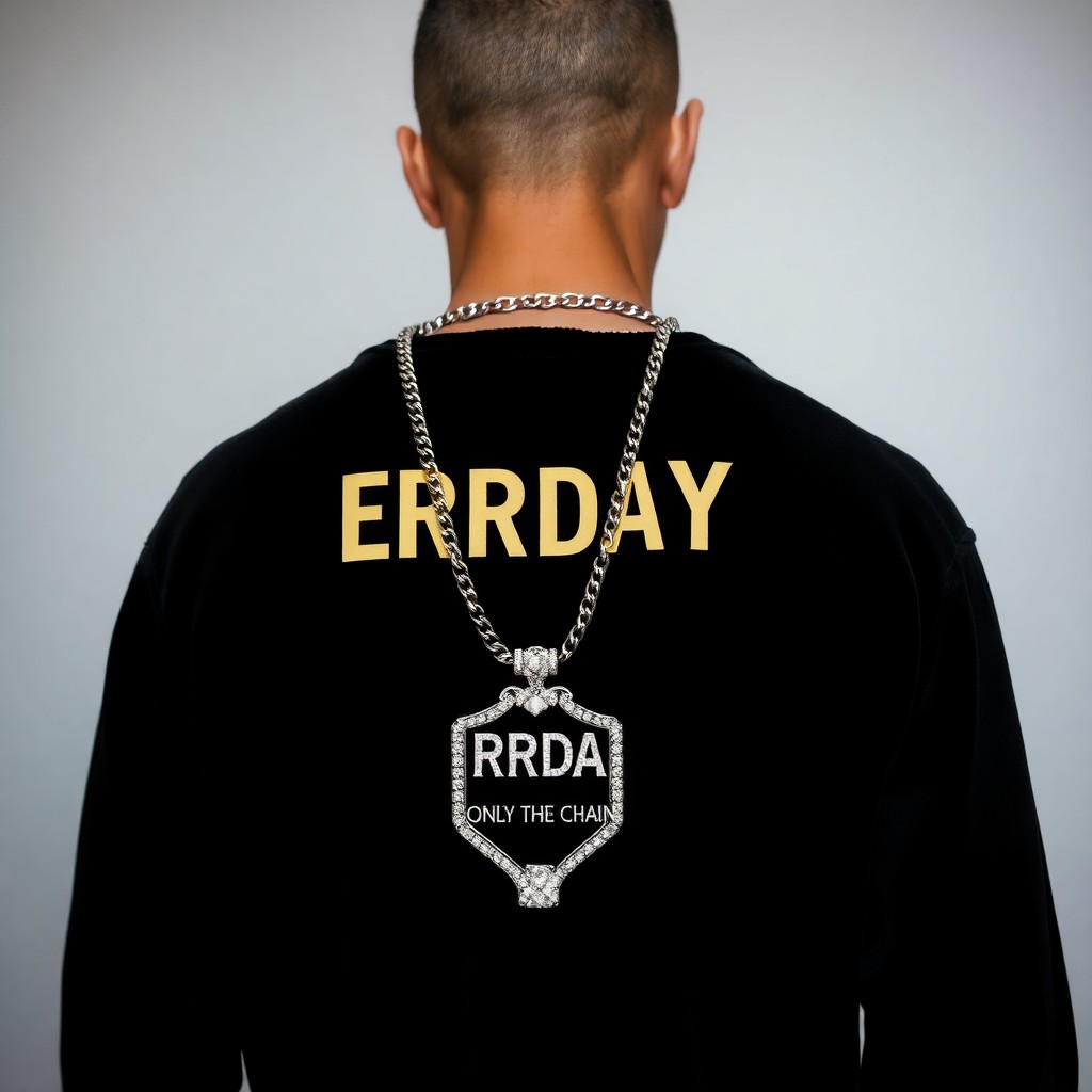 a cuban chain with diamond necklace "ERRDAY" on a black velour fabric in the back
NO PEOPLE, ONLY THE CHAIN