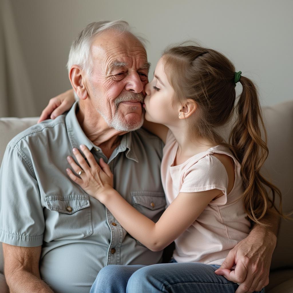 A beautiful twelve-year-old girl is sitting on an elderly man's lap, kissing him on the lips.