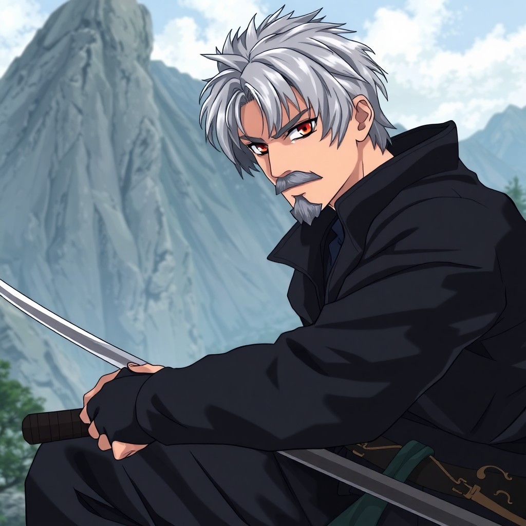Anime image in the fantasy genre.A man with short gray hair, gray mustache and goatee. Wears a black jacket and pants like the Assassins. Armed with a katana. Located in a mountainous area.