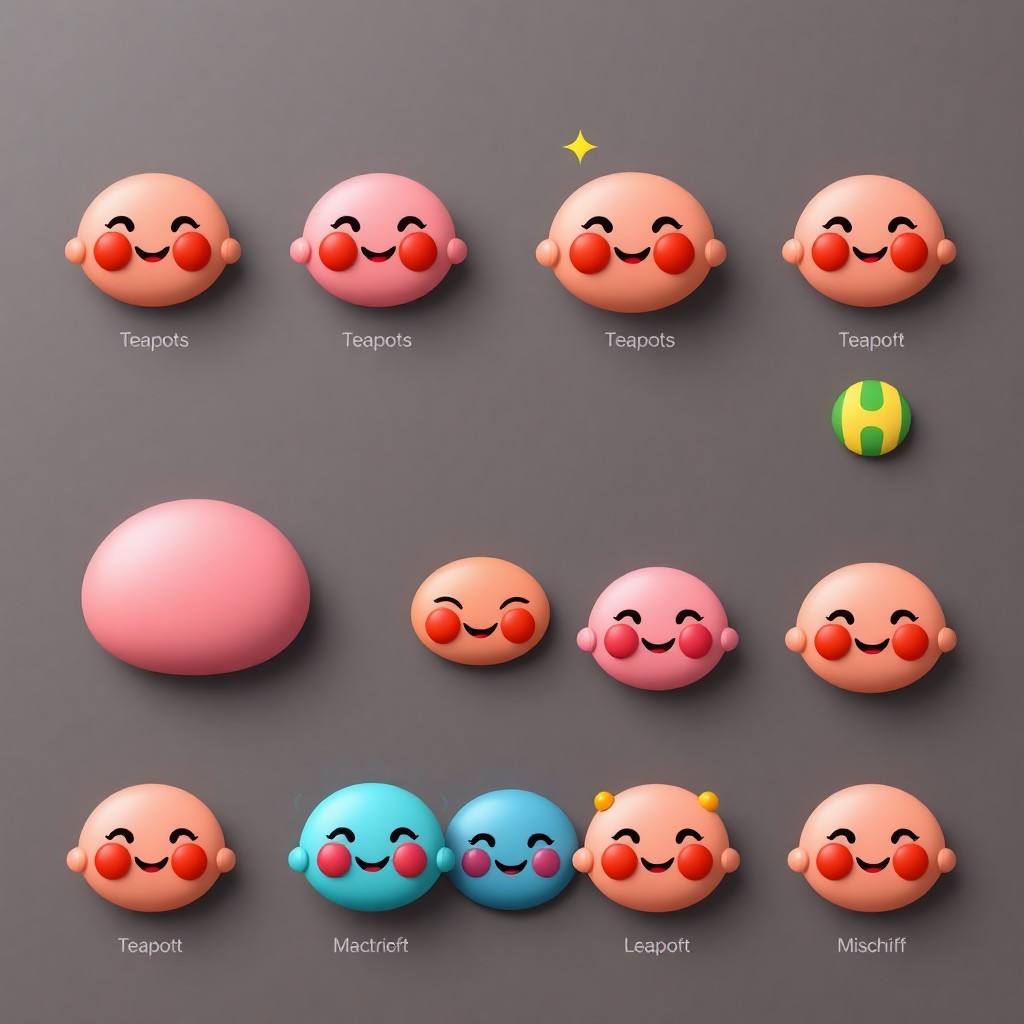Create a humorous 3D collection of digital badges, where each badge represents a different abstract breast shape in a playful and collectible format. The base design of each badge is a soft, dual semi-spherical figure with a pair of red-orange circular pads, resembling stylized nipples, and a smiling cartoon face in the center. Each figure features unique emotional expressions — from joy to shyness to mischief — giving every character a distinct personality. The visual style follows a soft plastic, silicone-like texture with pastel tones such as blush, peach, and coral. Every badge includes bright decorations like yellow stars, sparkles, neon circuit lines, and a microchip placed on top of the head as a fun visual accent. The overall aesthetic is inspired by expressive 3D emoji-like characters with a toy-like, glossy finish. Each character corresponds to a specific form type drawn from popular humorous shape categories, such as “Teapots” (pointed forward, with steam puff shapes on top and cheerful faces), “Watermelons” (large and vibrant, smiling widely), “Pancakes” (flat and ironic or sad-looking), “Pears” (asymmetrical lobes, tilted), “Cranberries” (small and cheeky), and “Satchels” (saggy, with zipper or handle-like elements). The figures are arranged in a clean grid layout, with 10 to 12 variations displayed together on a pastel or black glossy background. Each badge is labeled with a funny, descriptive name in bold comic-style font. The poster is titled “TITS TYPES — Official 3D Chart” and serves as a visual parody chart celebrating the diversity of form with humor, style, and charm.