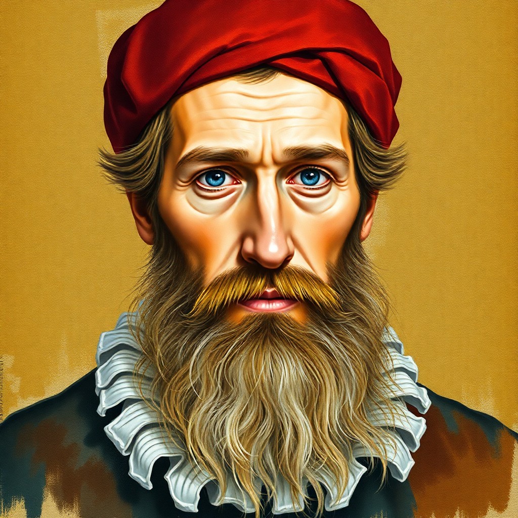 Generate a watercolor image of a middle-class 10th-century Bavarian aristocrat in his 30s or 35s, with a strong-willed face and gaze. Now make it look like a painting by Rembrandt