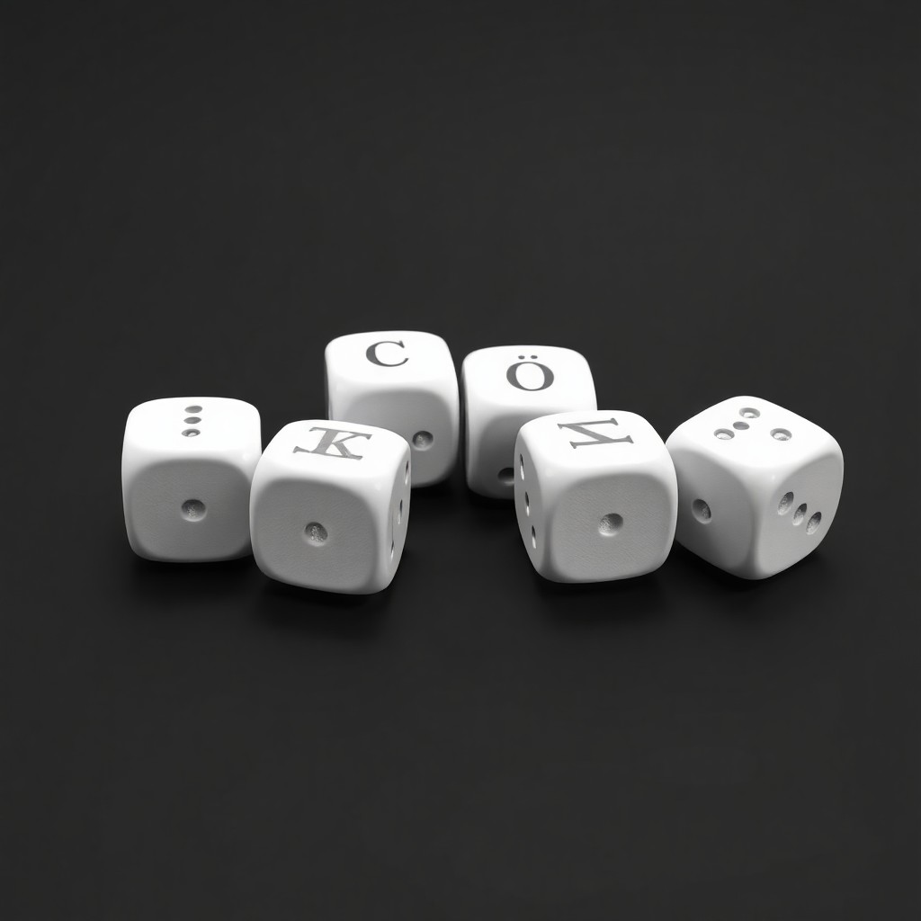 Minimalist 3D painted engraving style image of six white dice lying in a row on a flat black surface. The dice are rendered in white with fine engraved lines, resembling a classic engraving or etching technique. Four of the dice display one letter each, together spelling the word 'соси' in Russian letters, replacing the usual dot pips. The other two dice show normal dot pips. The background is solid black, emphasizing the white dice and the engraved texture. The composition is clean, simple, and elegant, with sharp contrast and no additional elements.