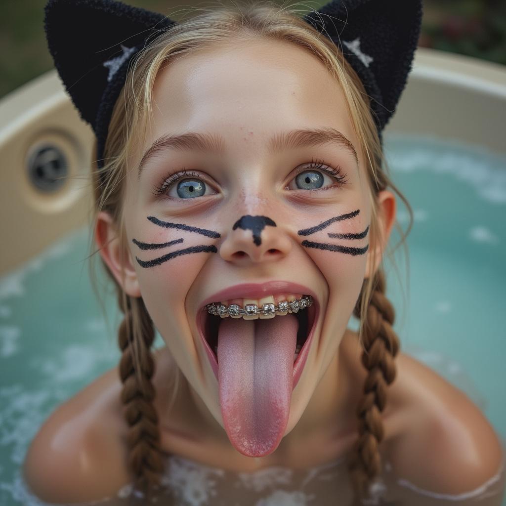 close up picture of an 18 year old girl opening her mouth, sticking out her long tongue, smiling, and blushing. She has braces on all of her teeth and blue eyes. She is in a hottub looking up at the camera. She has blonde hair with long pigtails. She has black whiskers painted on her face and is wearing cat ears for her cat Halloween costume. her really long tongue is wet with saliva. There is white condensed milk on her face