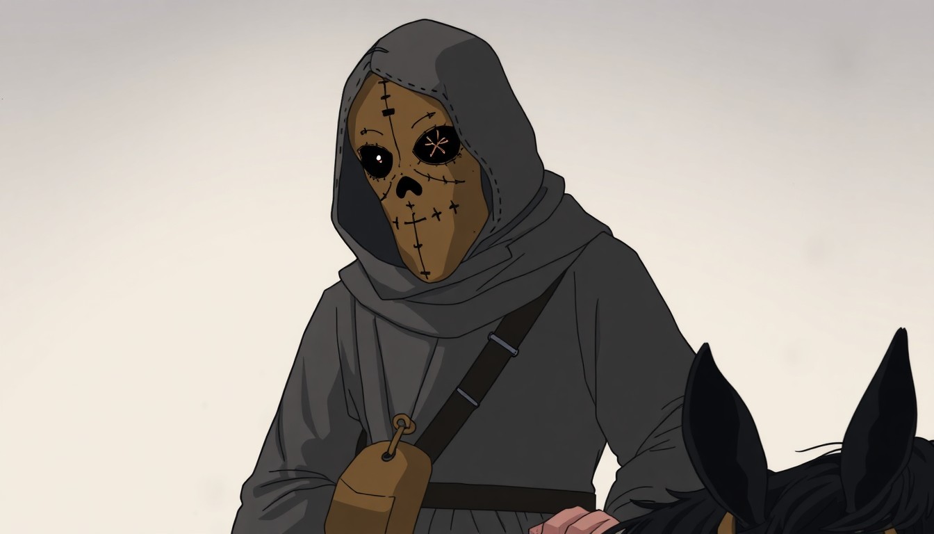 anime fantasy style image. A man wearing a gray healer's robe and a crooked mask of brown color, the mask is made of a bag, the holes for the mouth and eyes are cut out, there are also numerous stitches on the mask. Carries a bag of potions, belt over the opposite shoulder. Rides a black horse