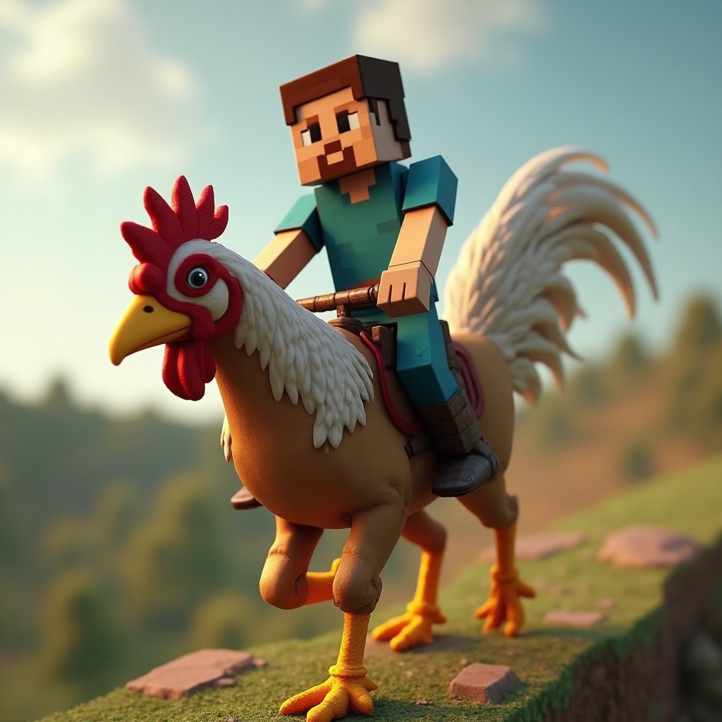 Minecraft Steve riding chicken jockey realistic 4k reality