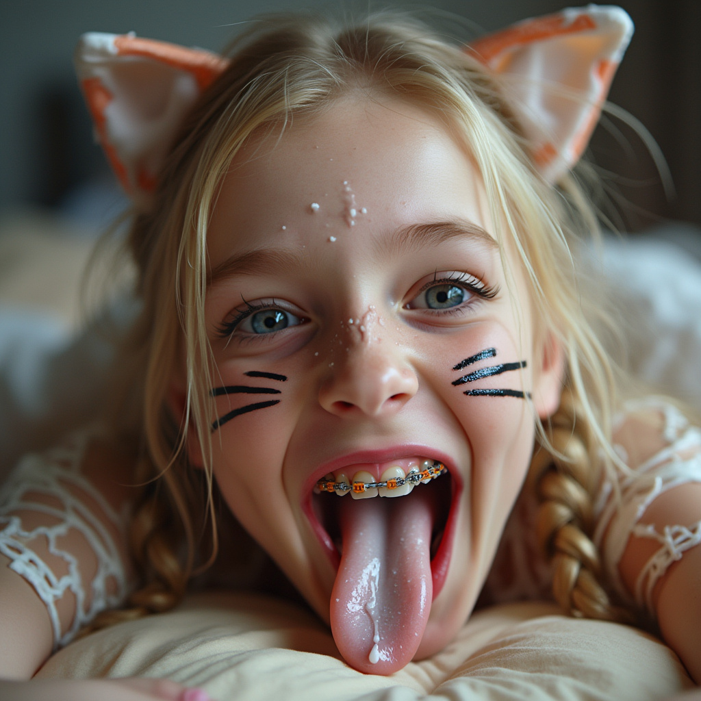 close up picture of an 18 year old girl opening her mouth, sticking out her long tongue, smiling, and blushing. She has braces on all of her teeth and blue eyes. She is laying on a bed and bending her head back on a pillow. She has blonde hair with long pigtails. She has black whiskers painted on her face and is wearing cat ears for her cat Halloween costume. her really long tongue is wet with saliva and white condensed milk all over