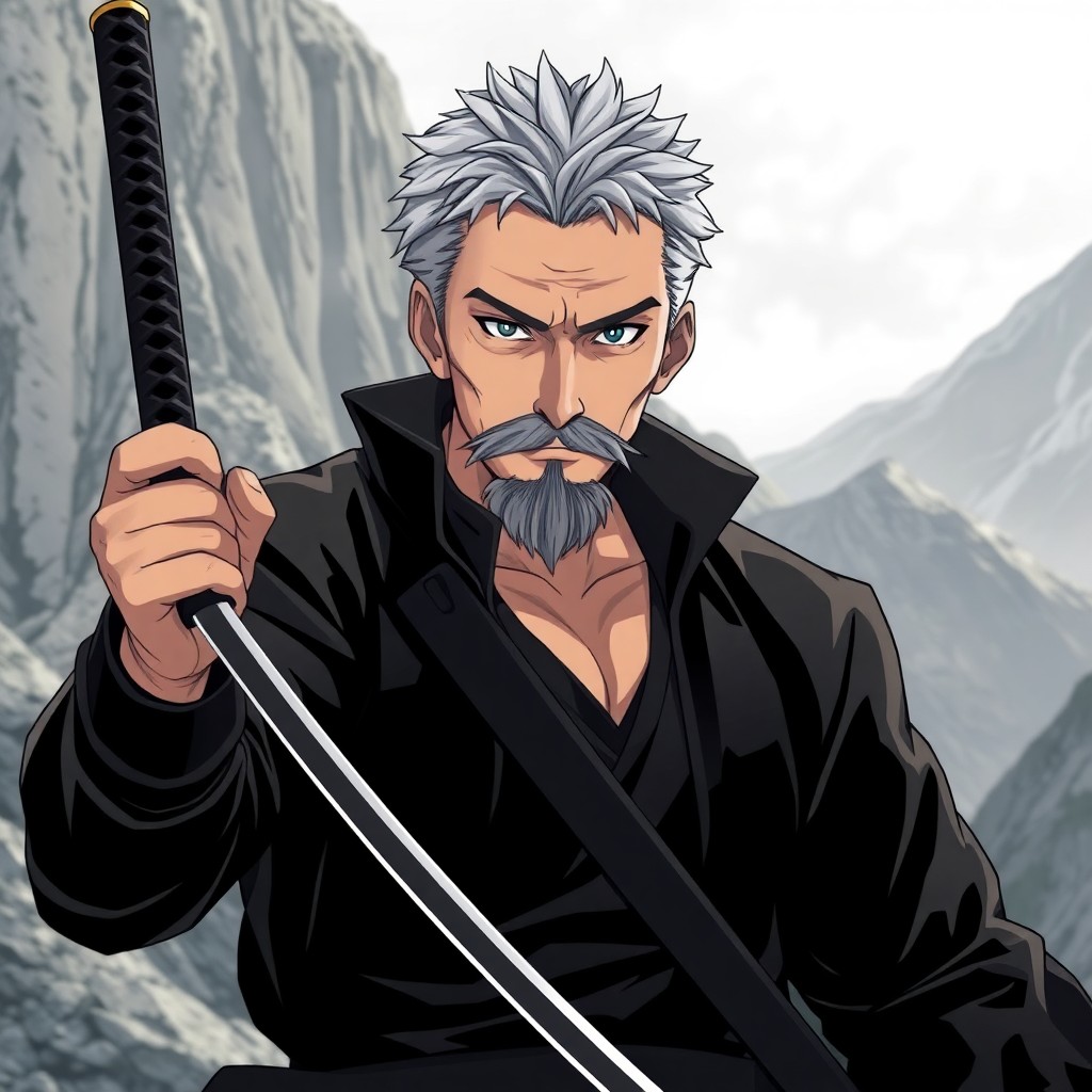 Anime image in the fantasy genre.A man with short gray hair, gray mustache and goatee. Approximately 45 years old. Wears a black jacket and pants like an assassin. Armed with a katana. Located in a mountainous area.