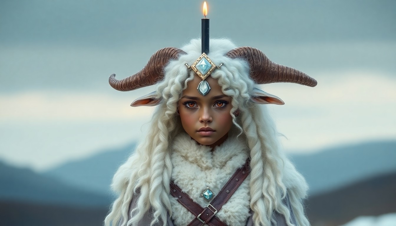 She looks like a young girl with a white crystal on her forehead, something like a third eye. On top of the crystal, a long black candle burns on her forehead. She is quite tall, 3 meters. She has long horns, growing out of her forehead like a goat. Long sheep ears that go up and down. Her skin is slightly dark, but with a blue tint, like frost. Red eyes without pupils, but white pupils appear when she is emotionally strong. She has white, curly, slightly blue, like snow-covered, fluffy hair, and soft like sheep's wool. She also has hooves with white fur instead of legs. She is dressed in a white fluffy tunic, light leather armor on top, and a long sheepskin on top of all this, and wears brown leather pants on her legs.