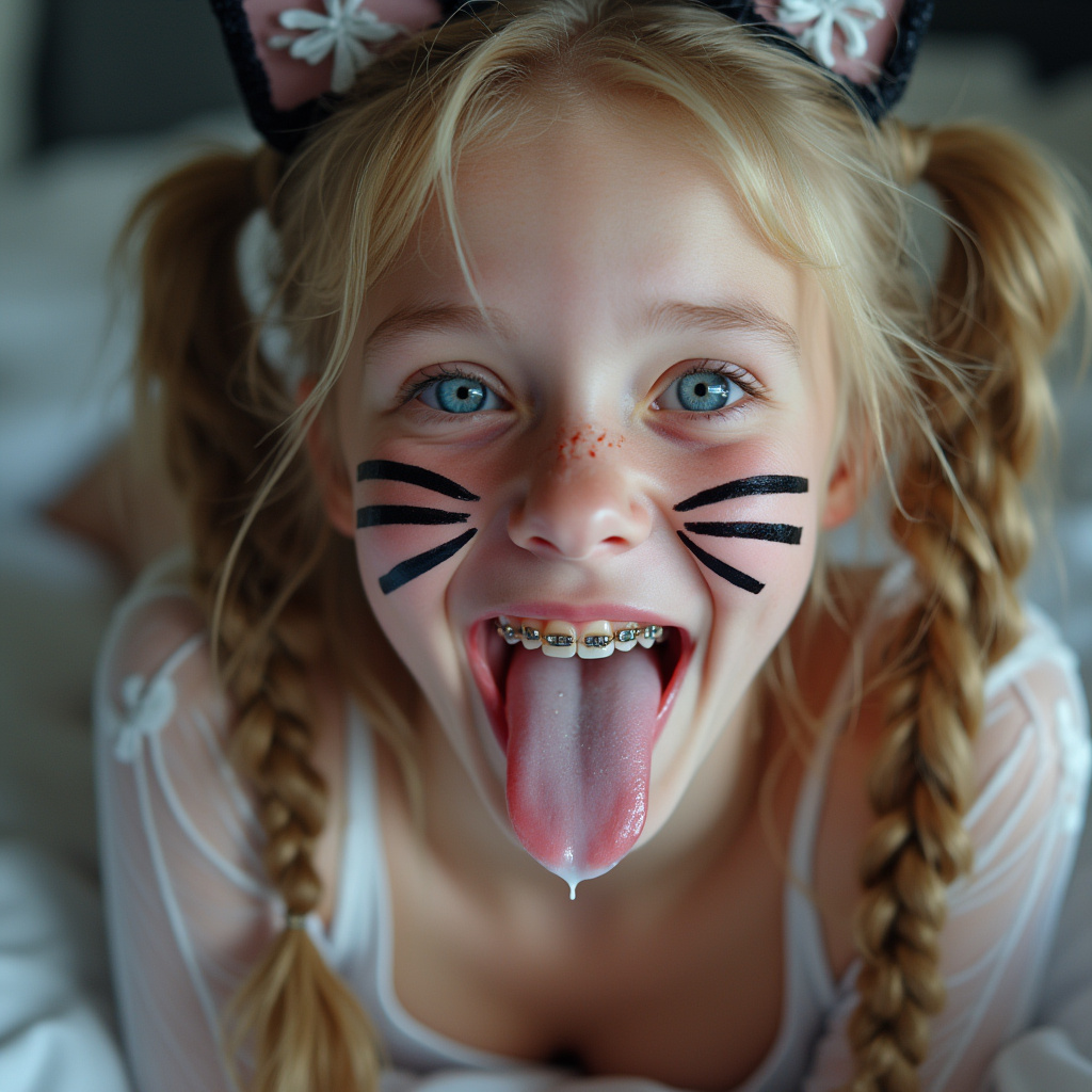 close up picture of an 18 year old girl opening her mouth, sticking out her long tongue, smiling, and blushing. She has braces on all of her teeth and blue eyes. She is laying on a bed and bending her head back. She has blonde hair with long pigtails. She has black whiskers painted on her face and is wearing cat ears for her cat Halloween costume. her really long tongue is wet with saliva. she has white condensed milk on her tongue
