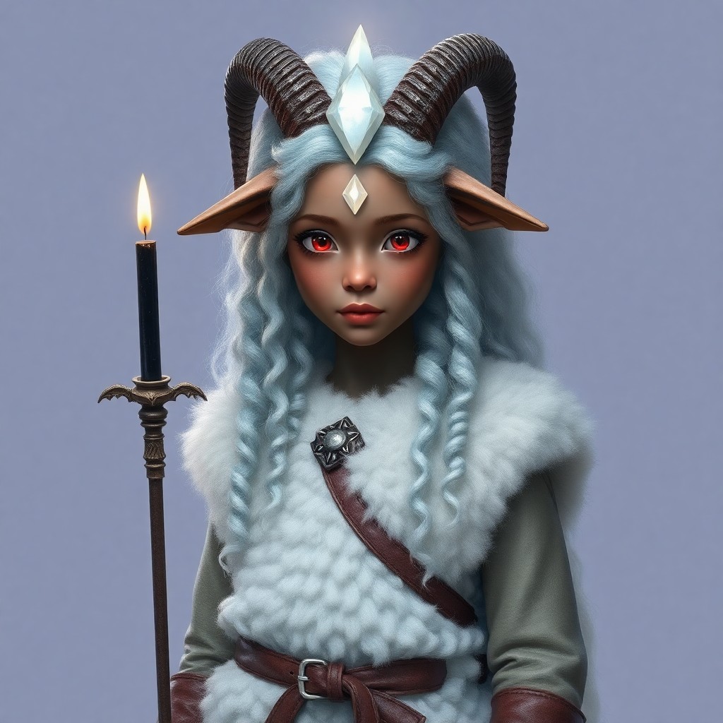 She looks like a young girl with a white crystal on her forehead, something like a third eye. On top of the crystal, a long black candle burns on her forehead. She is quite tall, 3 meters. She has long horns, growing out of her forehead like a goat. Long sheep ears that go up and down. Her skin is slightly dark, but with a blue tint, like frost. Red eyes without pupils, but white pupils appear when she is emotionally strong. She has white, curly, slightly blue, like snow-covered, fluffy hair, and soft like sheep's wool. She also has hooves with white fur instead of legs. She is dressed in a white fluffy tunic, light leather armor on top, and a long sheepskin on top of all this, and wears brown leather pants on her legs.