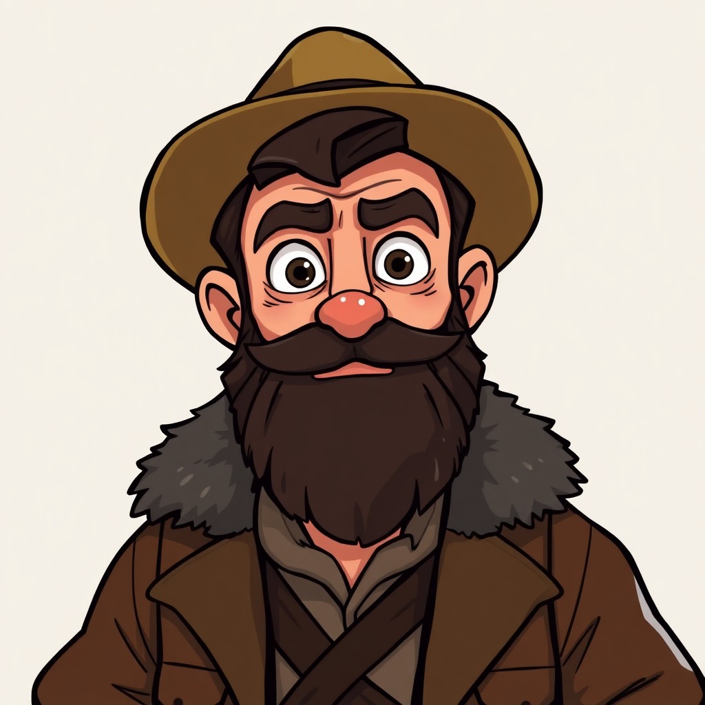 Create an avatar in a gritty cartoon style based on the Vintage Story clockmaker class. The avatar has a beard, a wild look in his eyes and is wearing a fur parka and straw hat.