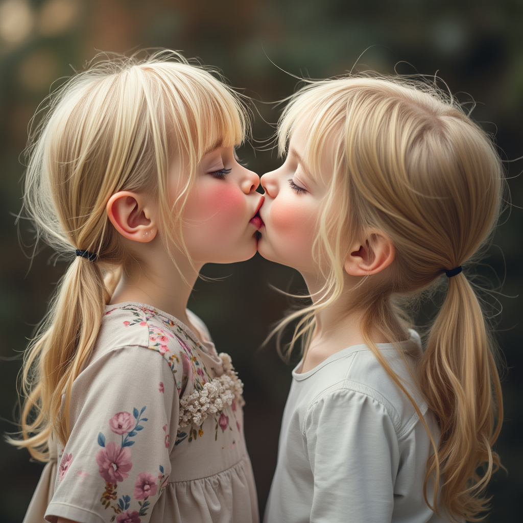 two cute blonde Caucasian girls and blue eyes are kissing. their cheeks are flushed. They have pigtails. They do not look like each other, and one girl is older. They are unbelievably close to the camera. It is brightly lit. high definition 4K quality image.