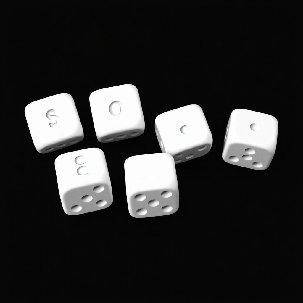 Minimalist 3D engraving style image of six white dice lying in a row on a flat black surface. The dice are rendered in white with fine engraved lines, resembling a classic engraving or etching technique. Four of the dice display one letter each, together spelling the word 'соси' in Russian, replacing the usual dot pips. The other two dice show normal dot pips. The background is solid black, emphasizing the white dice and the engraved texture. The composition is clean, simple, and elegant, with sharp contrast and no additional elements.
