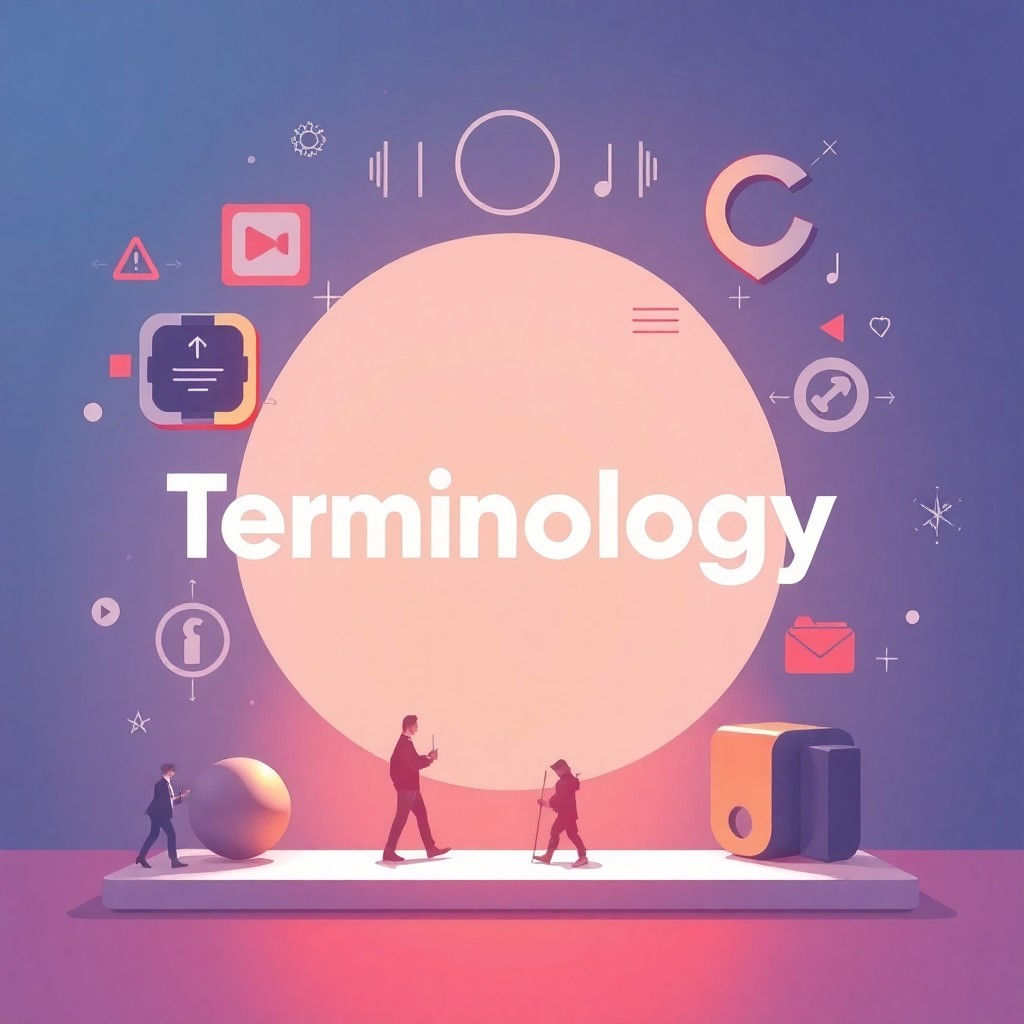 I need a picture that I will use in a telegram post that will focus on terminology in game dev. The center of composition is a "Terminology" word, around something abstract dedicated to game development