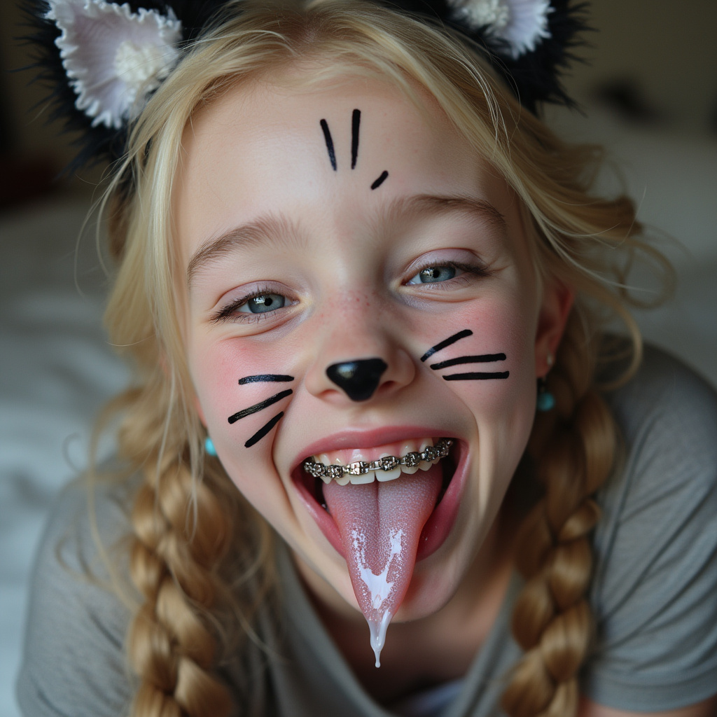 close up picture of an 18 year old girl opening her mouth, sticking out her long tongue, smiling, and blushing. She has braces on all of her teeth and blue eyes. She is laying on a bed and bending her head back. She has blonde hair with long pigtails. She has black whiskers painted on her face and is wearing cat ears for her cat Halloween costume. her really long tongue is wet with saliva and white condensed milk