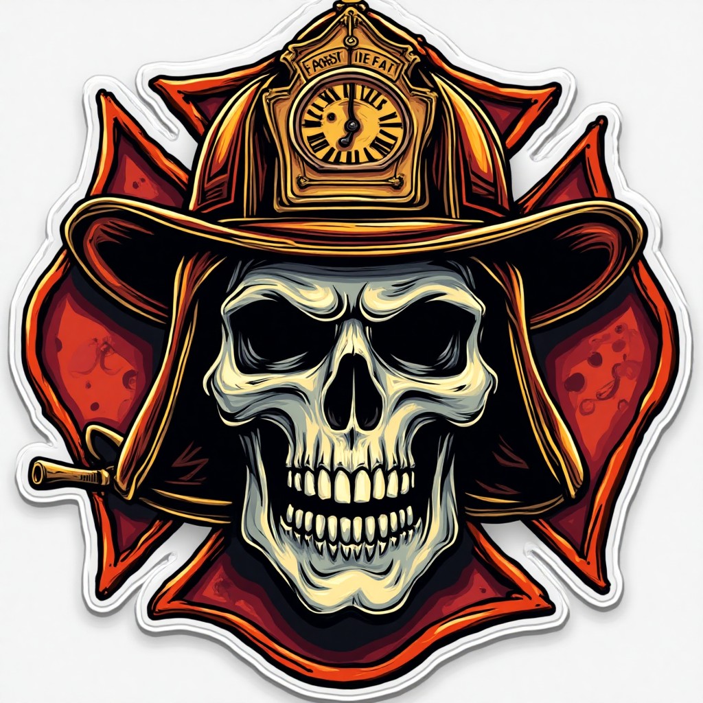 Sticker style firefighter skull with rotary saw