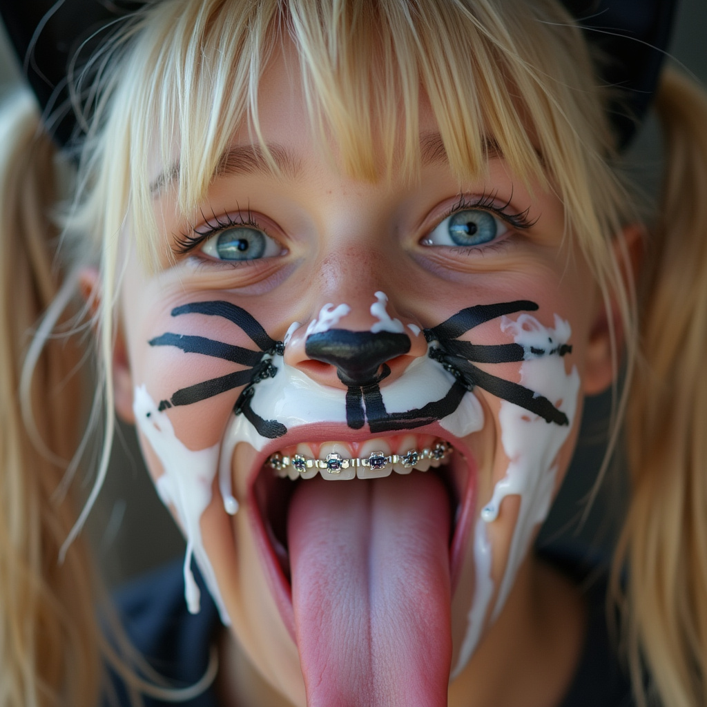 close up picture of an 18 year old girl opening her mouth, sticking out her really long tongue, smiling, and blushing. She has braces on all of her teeth and blue eyes. She has blonde hair with long pigtails. She has black whiskers painted on her face and is wearing cat ears for her cat Halloween costume. her really long tongue is wet with saliva. there is white condensed milk everywhere