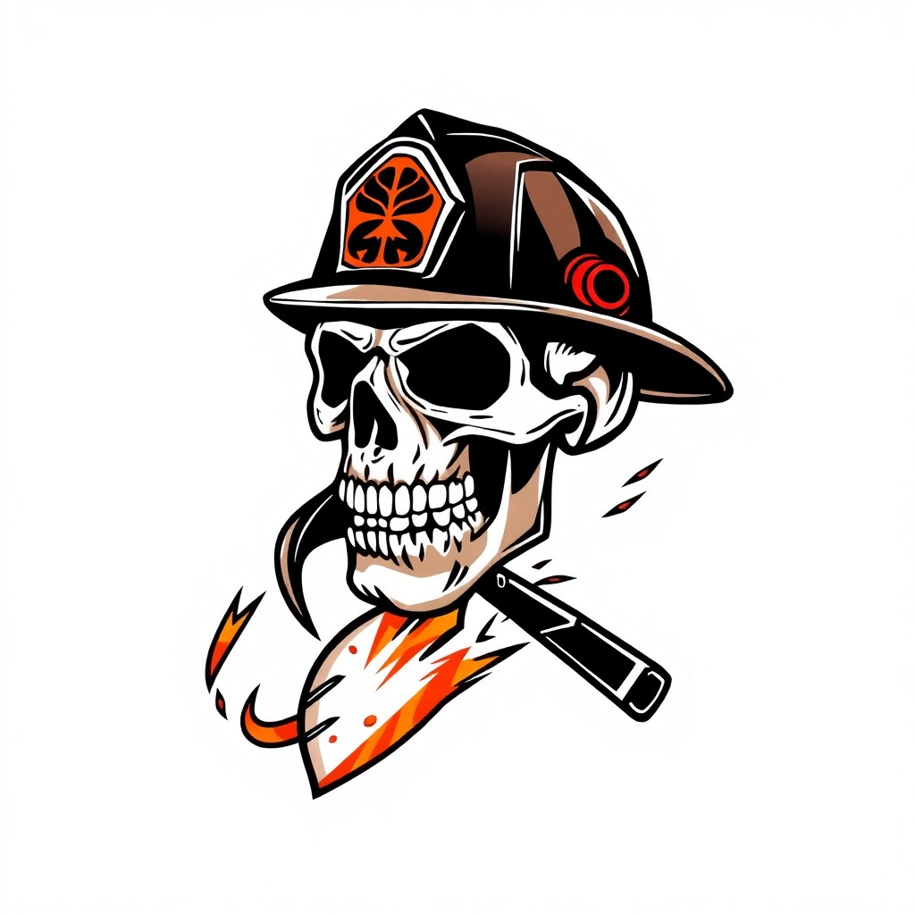 Sticker style firefighter skull with rotary saw
