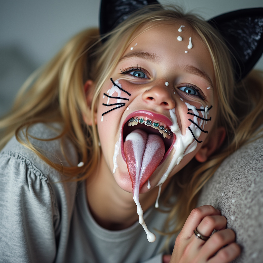 close up picture of an 18 year old girl opening her mouth, sticking out her long tongue, smiling, and blushing. She has braces on all of her teeth and blue eyes. She is laying on a bed and bending her head back on a pillow. She has blonde hair with long pigtails. She has black whiskers painted on her face and is wearing cat ears for her cat Halloween costume. her really long tongue is wet with saliva and white condensed milk all over
