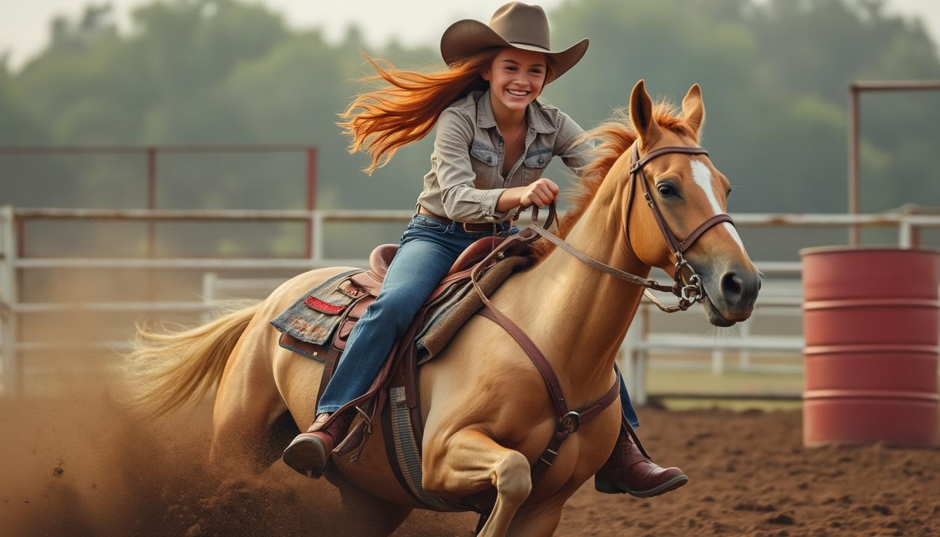 An 18 year old girl wearing a cowboy hat, cowboy boots, blue jeans and a western show shirt riding a palomino horse during a barrel race. She has long red flowing hair. The horse is making a turn around a barrel. Photo realistic.