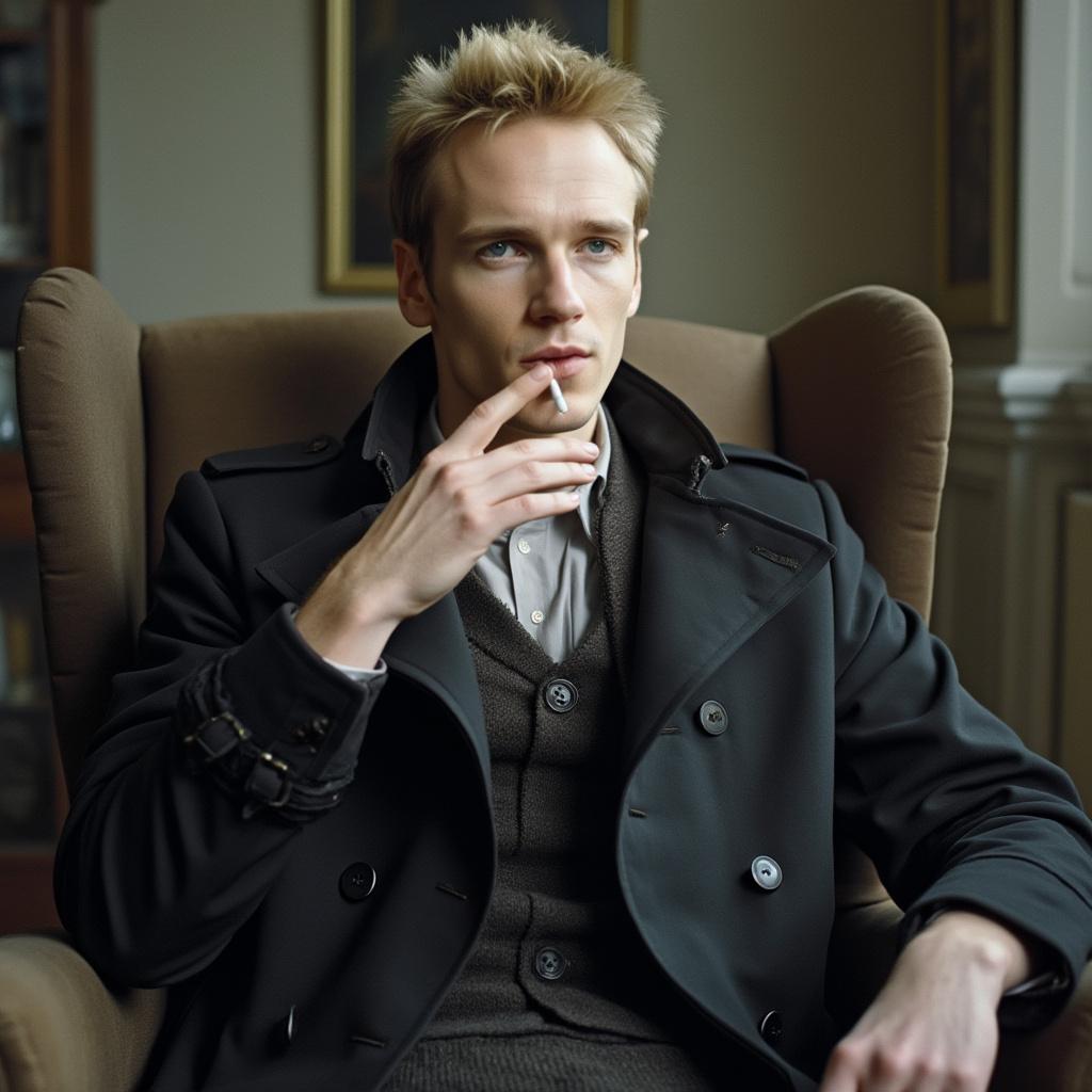 A young Michael Fassbender with short blond hair, wearing a black trench coat and a jacket with a white shirt, is sitting in a chair and smoking.