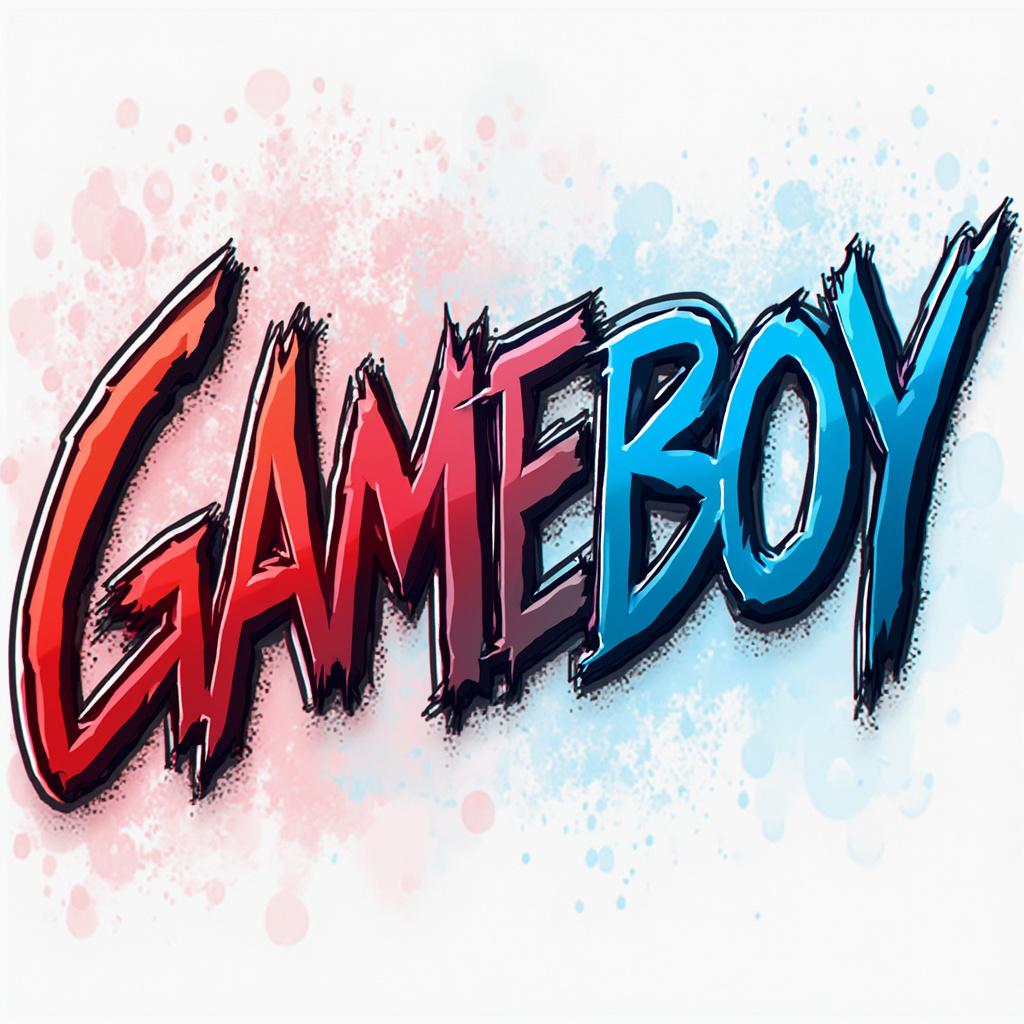Please generate a picture with the inscription "GAMEBOY" with a color transition from red to blue with a black outline and a transparent background