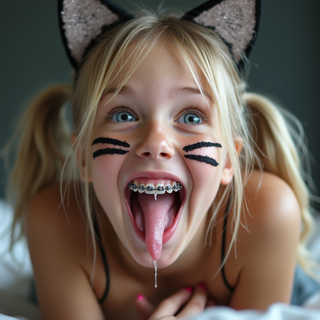 close up picture of an 18 year old girl opening her mouth, sticking out her long tongue, smiling, and blushing. She has braces on all of her teeth and blue eyes. She is laying on a bed and bending her head back. She has blonde hair with long pigtails. She has black whiskers painted on her face and is wearing cat ears for her cat Halloween costume. her really long tongue is wet with saliva
