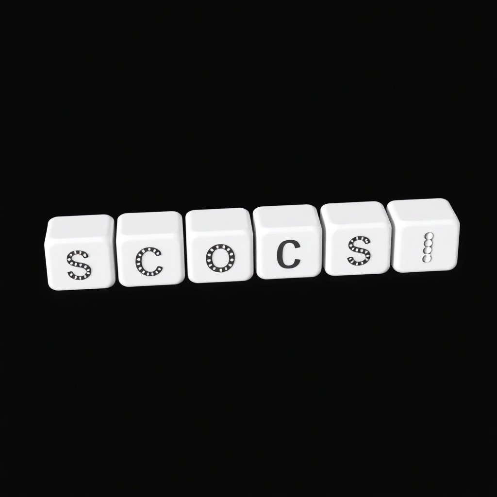 Minimalistic 3D render of six white dice lying in a row on a flat black surface. Four of the dice display one letter each, forming the word 'соси' in white dots instead of the usual pips. The style is clean, modern, and minimalistic with sharp edges and soft shadows. The background is completely black to emphasize the white dice. The composition is horizontal, with the dice evenly spaced and aligned on the plane