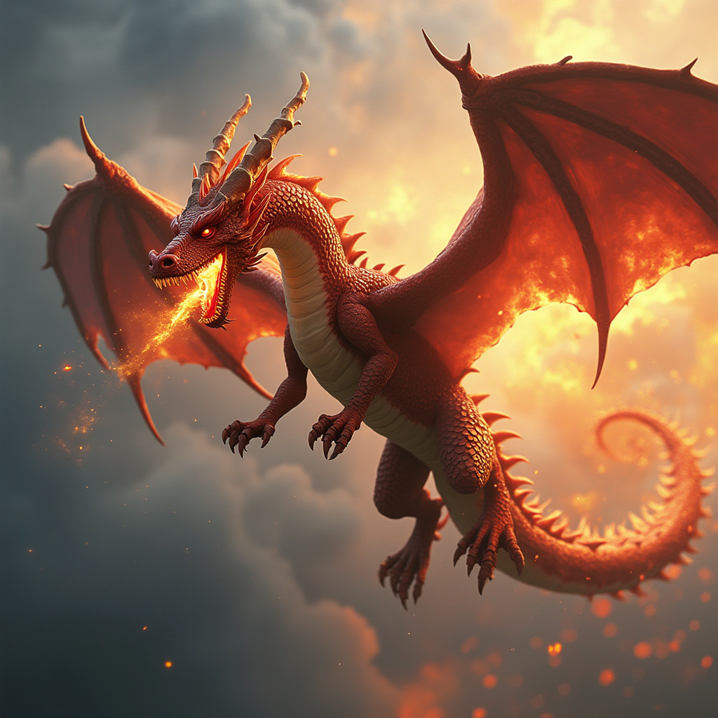 a fearsome fire-breathing dragon with spread wings flying through the sky