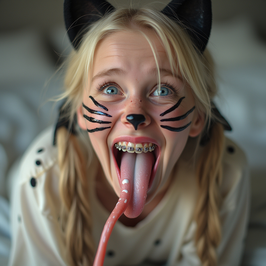 close up picture of an 18 year old female opening her mouth, sticking out her long tongue, smiling, and blushing. She has braces on all of her teeth and blue eyes. She is laying on a bed and bending her head back. She has blonde hair with long pigtails. She has black whiskers painted on her face and is wearing cat ears for her cat Halloween costume. her cheeks are flushed. her really long tongue is wet with saliva. she has white condensed milk on her long tongue