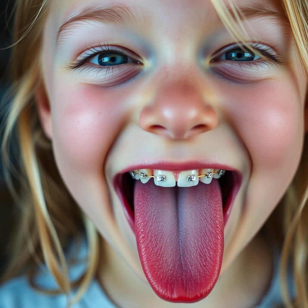 close up picture of a blonde girl opening her mouth, sticking out her tongue, smiling, and blushing. She has braces on all of her teeth and blue eyes. her tongue is wet with saliva. she is crossing her eyes