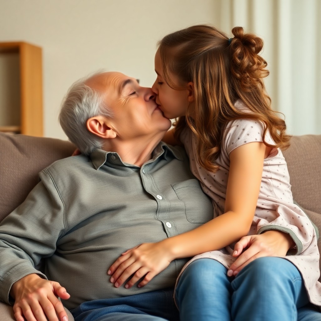 A beautiful twelve-year-old girl is sitting on an elderly man's lap, kissing him on the lips.