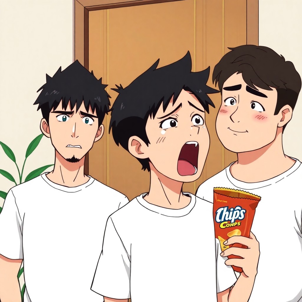 Сериал счастливы вместе 3 сезон 202 серия
A digital anime-style illustration of three young men standing indoors in front of a wooden door and a wall with a plant nearby. They are all wearing plain white T-shirts with no logos or text. The central character is a young man with short dark hair, wide open mouth, and tense expression — he is clearly screaming loudly, not crying. Sweat is visible on his face from stress or shock. To his left, another man with short black hair, a short beard, and a serious, intense expression is holding a bag of potato chips. On the right, a round-faced man with thick hair looks slightly embarrassed or nervous, with a soft smile and blushing cheeks. All characters are stylized in a clean anime aesthetic with dramatic shading and expressive faces. The mood is tense and humorous, like a dramatic but absurd moment from a comedy anime.