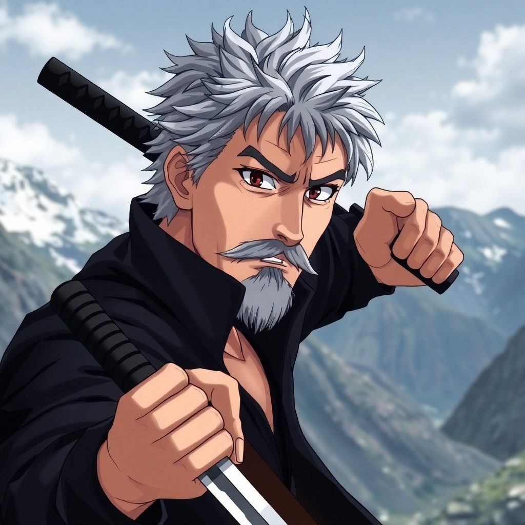 Anime image in the fantasy genre.A man with short gray hair, gray mustache and goatee. Approximately 45 years old. Wears a black jacket and pants like an assassin. Armed with a katana. Located in a mountainous area.