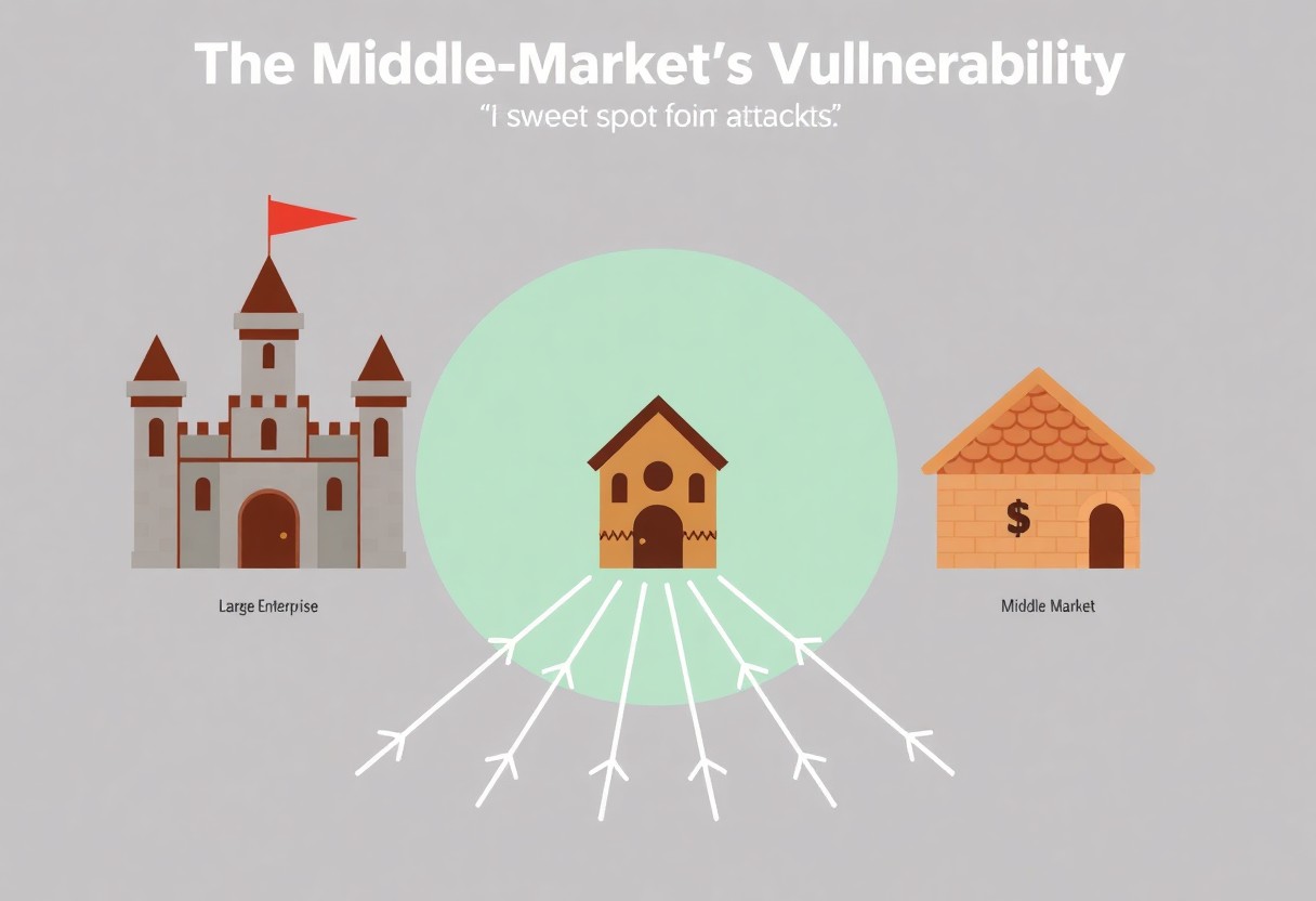 Create an illustration titled "The Middle-Market's Vulnerability" that is simple and clean. It should show that the middle market is in a "sweet spot" for attackers. One side features a large, heavily fortified castle labeled "Large Enterprise" with a $$$ price tag. The other side has a small, simple hut labeled "Small Business" with a $ price tag. In the middle, there's a moderately sized, less-fortified building labeled "Middle Market" with a $$ price tag. Several arrows from the bottom point at each category,