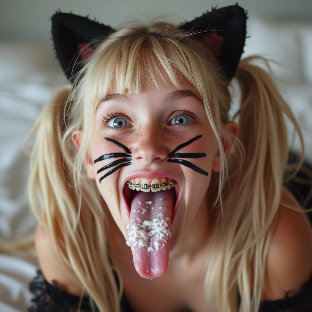 close up picture of an 18 year old female opening her mouth, sticking out her long tongue, smiling, and blushing. She has braces on all of her teeth and blue eyes. She is laying on a bed and bending her head back. She has blonde hair with long pigtails. She has black whiskers painted on her face and is wearing cat ears for her cat Halloween costume. her cheeks are flushed. her really long tongue is wet with saliva. she has white condensed milk on her long tongue