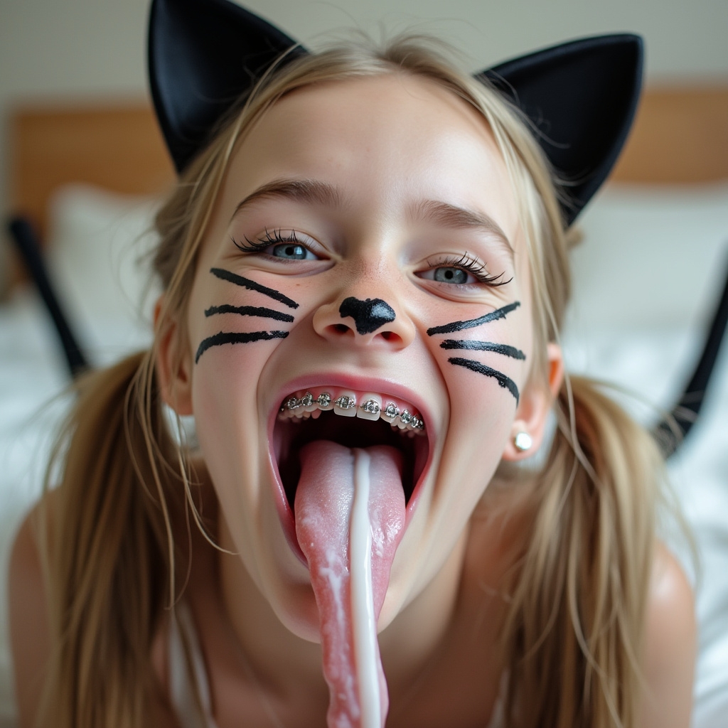 close up picture of an 18 year old girl opening her mouth, sticking out her long tongue, smiling, and blushing. She has braces on all of her teeth and blue eyes. She is laying on a bed and bending her head back. She has blonde hair with long pigtails. She has black whiskers painted on her face and is wearing cat ears for her cat Halloween costume. her really long tongue is wet with saliva and white condensed milk
