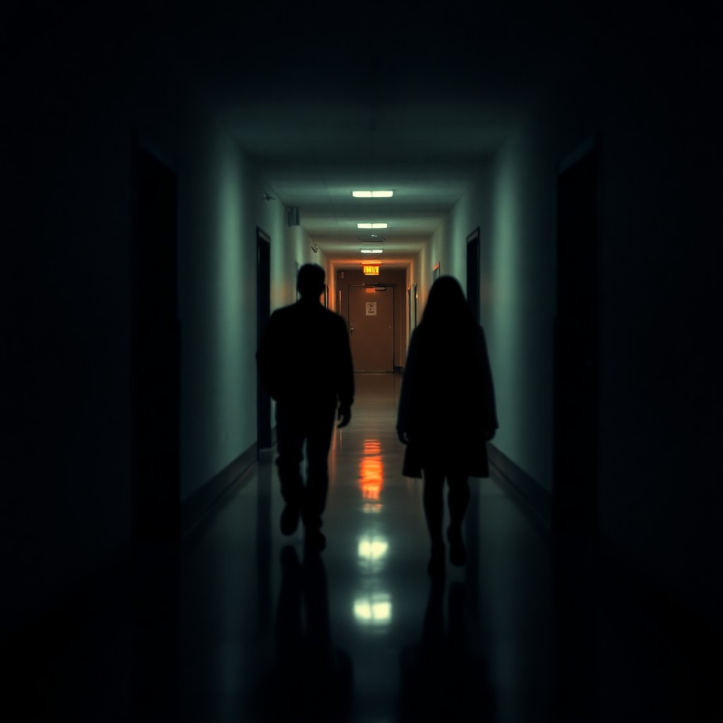 blurred image of two people walking down a hallway in a building, scary shadow people, dark figures walking, ghostly figures, the scary empty liminal spaces, shadow people, spooky creepy liminal space, shadowy figures, ghostly silhouettes, unsettling creepy liminal space, uncanny creepy liminal space, phantom ghosts in the background, walks down dark hallway