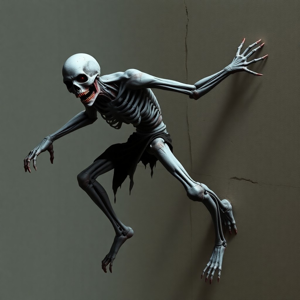 the concept of a mutant zombie, human body parts must be preserved, stands on four limbs, can crawl on walls
