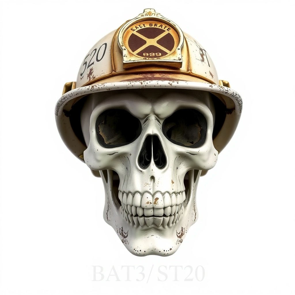 Weathered White skull with firefighter helmet.
Text underneath BAT3/ST20