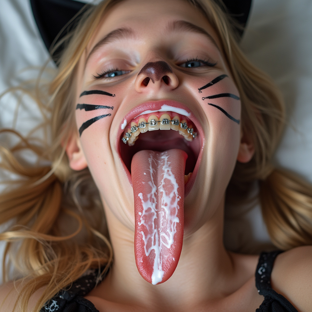 close up picture of an 18 year old female opening her mouth, sticking out her long tongue, smiling, and blushing. She has braces on all of her teeth and blue eyes. She is laying on a bed and bending her head back. She has blonde hair with long pigtails. She has black whiskers painted on her face and is wearing cat ears for her cat Halloween costume. her cheeks are flushed. her really long tongue is wet with saliva. she has white condensed milk on her long tongue